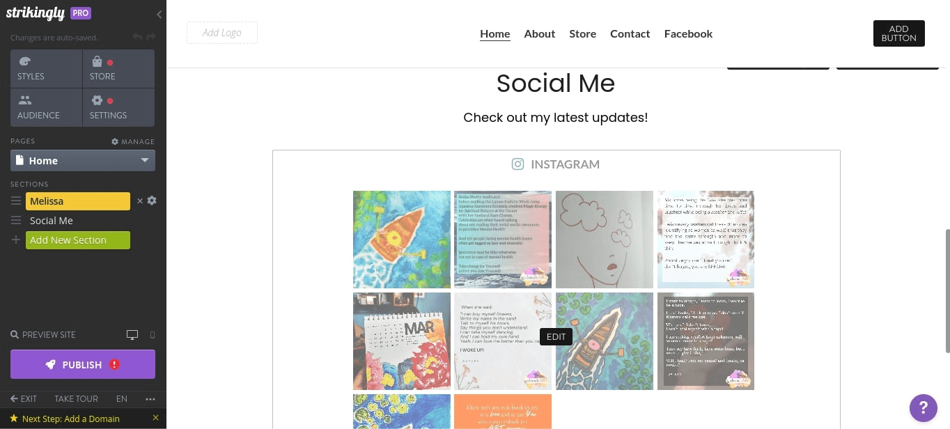 null Instagram feed on Strikingly website
